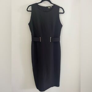 Tahari Elegant Black Midi Dress with Belt Details